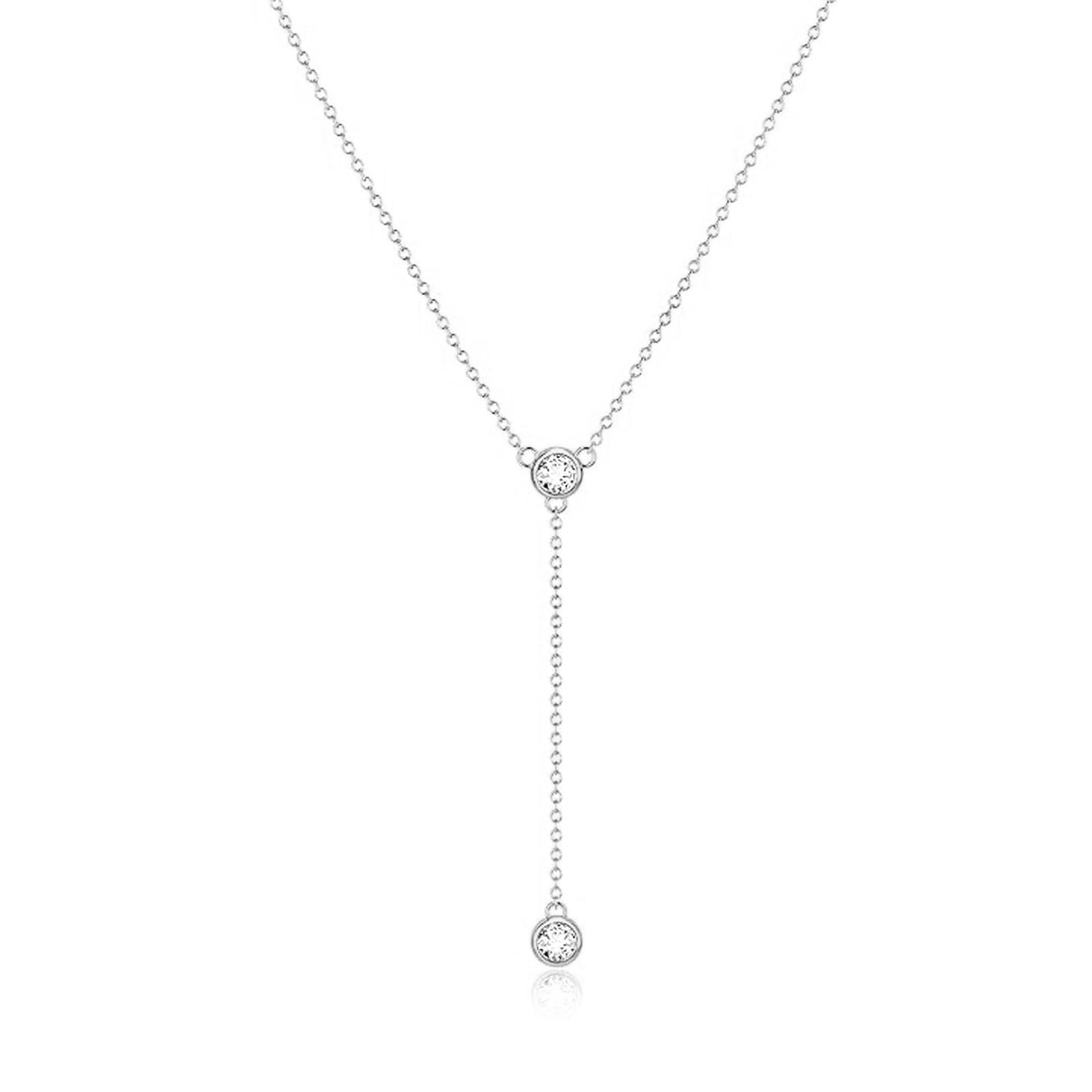 Zeffy Long Silver Necklace for Women- Dainty Silver Plated Teardrop Drop Lariat Necklace Trendy Simple CZ Y-Shaped Body Chain Stack Wedding Prom Dangle Statement Necklace Jewelry