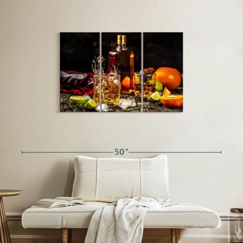 ElephantStock - Citrus Whiskey And Cigar Wall Art - Horizontal Multi Panel Canvas - 3 Piece Living Room Wall Decor - Photography Food And Drink Multi Piece Wall Art - Brown And Gray Decor - 38" x 24" - size: 38L" x 24W"