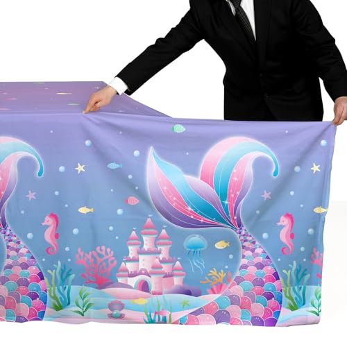 Gatherfun Mermaid Party Supplies Set: 2-Pack Rectangular Plastic Tablecloths, 54 x 108 Inches, Purple (Gradient) Mermaid Pattern, Kids & Girls 1st Birthday Decorations - style: mermaid