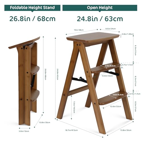 Kate 3-Step Foldable Wooden Step Ladder, 300 lb Capacity Solid Wood Step Stool for Photography Studio, Portrait Shooting, Home Kitchen & Living Room
