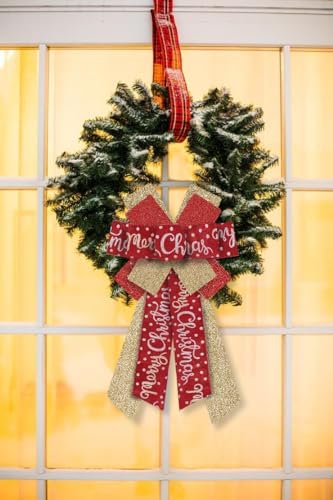 Hying Large Christmas Bows for Wreath, Christmas Wreath Bow Glitter Golden Red Burlap Bows Xmas Tree Topper Bows Ornaments for Front Door New Year Christmas Party Decoration Supplies