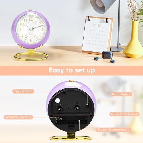 Tetino Analog Alarm Clocks,Retro Backlight Cute Simple Design Small Desk Clock with Night Light,Silent Non-Ticking,Battery Powered,for Kids,Teens,Bedroom,Travel,Kitchen,Bedside Desk Decor. (Purple)