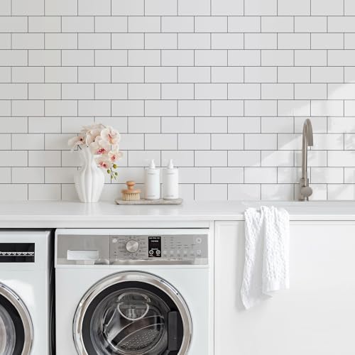 Vamos Tile 100-Piece Glossy Pure White Peel and Stick Backsplash Tile,3''x6'' PVC Subway Tile with Dark Gray Grout,Stick on Backsplash for Kitchen/Bathroom/Fireplace - color: Pure White