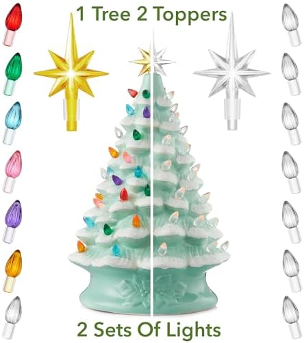 Casafield Hand Painted Ceramic Christmas Tree, Seafoam Green Snow Flocked 15-Inch Pre-Lit Tree with 128 Multi Color Lights and 2 Star Toppers