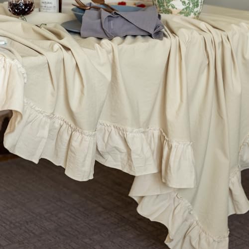 GLORY SEASON Retro Farmhouse Ruffle Tablecloth Cotton Flounces Trim Washable Table Cover Tablecloths for Rectangle Table Baby Shower Kitchen Party Wedding Decor,60''x120'' - size: 60" X 120" (Rectangular)