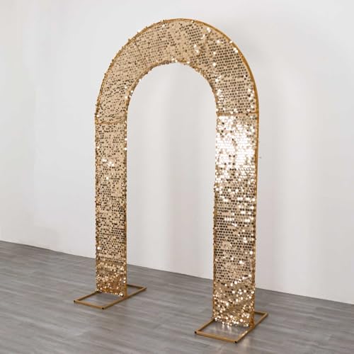 8 feet Gold Big Payette Sequin Fitted Double-Sided U-Shaped Wedding Arch, Round Top Chiara Stand Cover, Spandex Shimmer Tinsel Open Arch Backdrop Stand Cover Wedding Party Reception Decorations