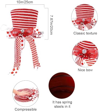 Christmas Tree Topper Hat,10 in Stripes Plaid Xmas Tree Top Hat with Ornaments and Bows,Collapsible Red White Stripe Tree Topper,Christmas Tree Decoration,Xmas Tabletop Ornaments (red)