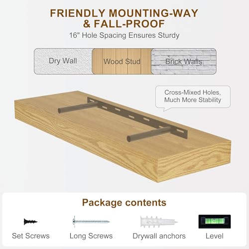 Fun Memories 66 Inch Fireplace Mantel - Long Floating Shelf, Wall Mounted Farmhouse Display with Invisible Heavy Duty Metal Bracket, Oak, 2 Pack - color: Oak, size: 67"W x 6.5"D