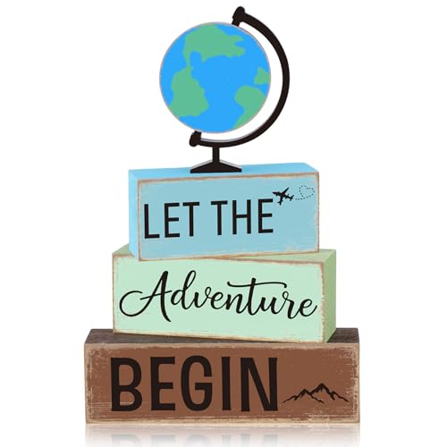 GlikCeil 4 Pcs Adventure Awaits Tiered Tray Decor Earth Day Adventure Wood Table Decoration Travel Party Centerpieces for World Bon Voyage Travel Around The World Party Home Office Desk Shelf Decors - style: Earth
