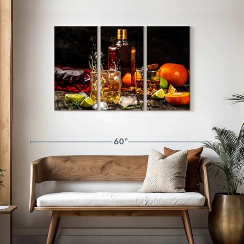ElephantStock - Citrus Whiskey And Cigar Wall Art - Horizontal Multi Panel Canvas - 3 Piece Living Room Wall Decor - Photography Food And Drink Multi Piece Wall Art - Brown And Gray Decor - 45" x 28" - size: 45L" x 28W"