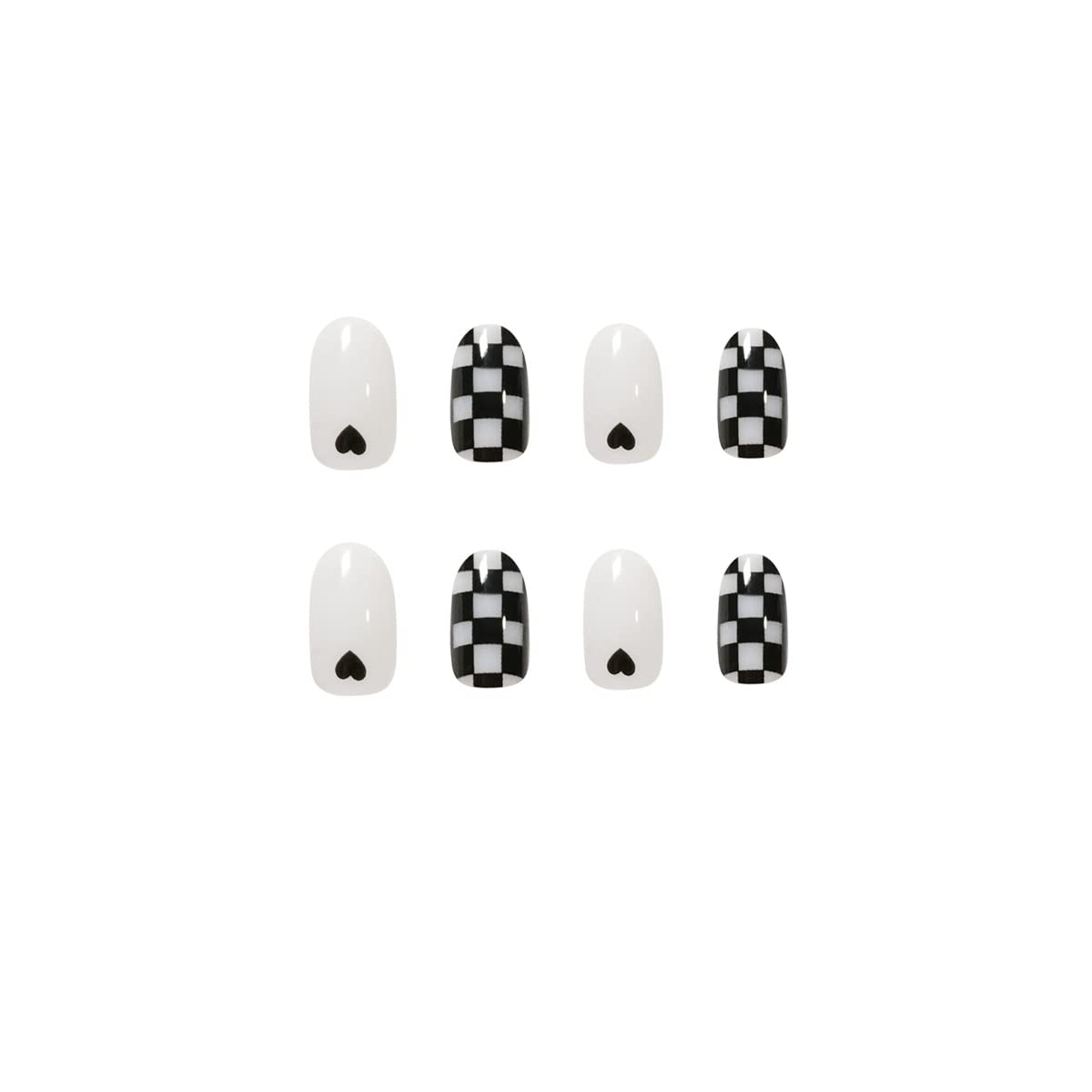 IMSOHOT 24Pcs Oval Press on Nails Short Glossy Fake Nails Checkerboard Black False Nails Round Full Cover Acrylic Nails for Women