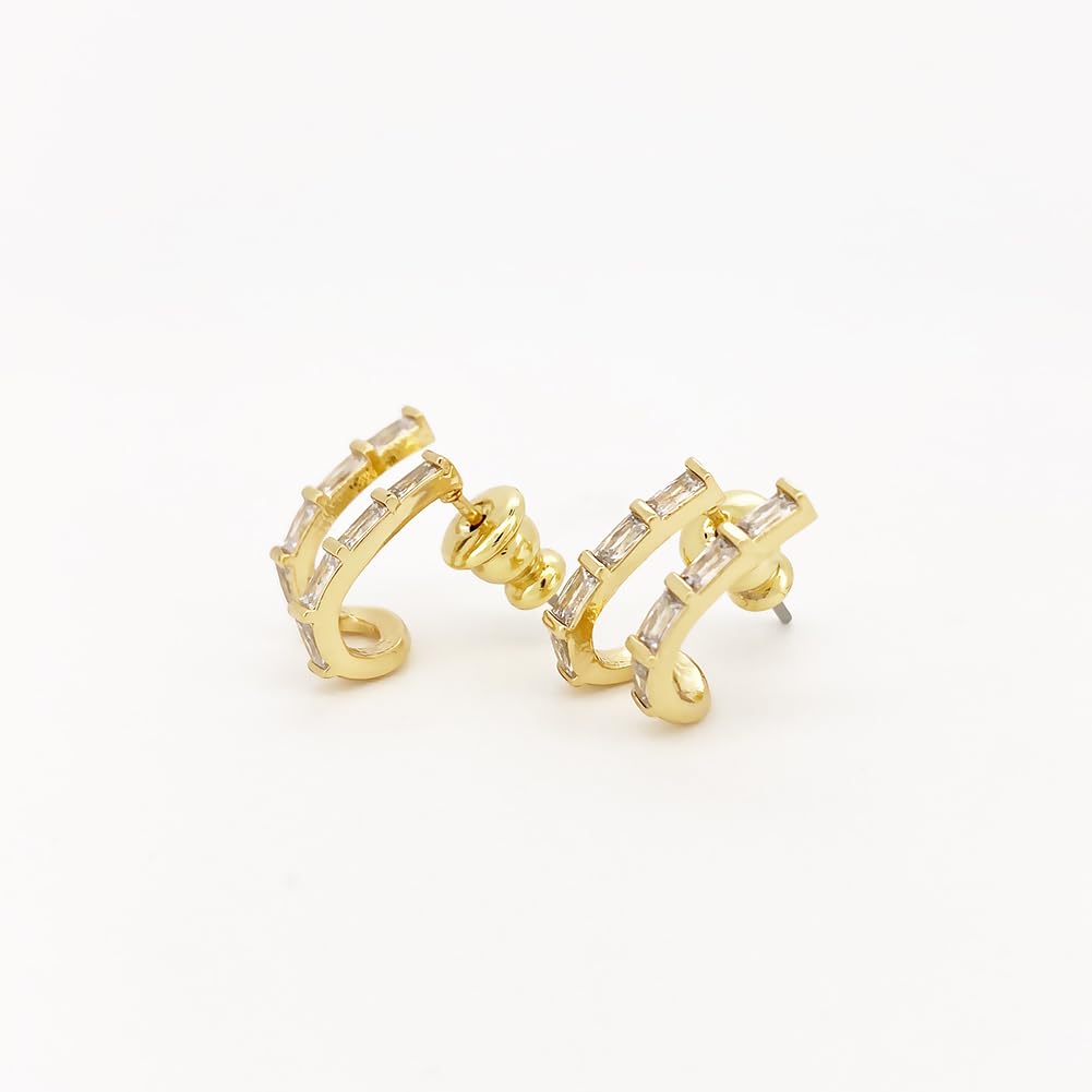 Obidos Double Faux Diamond Baguette Illusion Mini Huggie Earrings | 14K Gold Plated Huggie Small Hoop Earrings for Women | Boho Simple Hypoallergenic Earrings