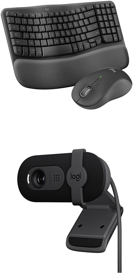 Logitech Wave Keys MK670 Combo, Wireless Ergonomic Keyboard for Multi-OS, Windows/Mac + Brio 101 Full HD 1080p Webcam for Meetings and Streaming with Auto-Light Balance, Built-in Mic, Privacy Shutter