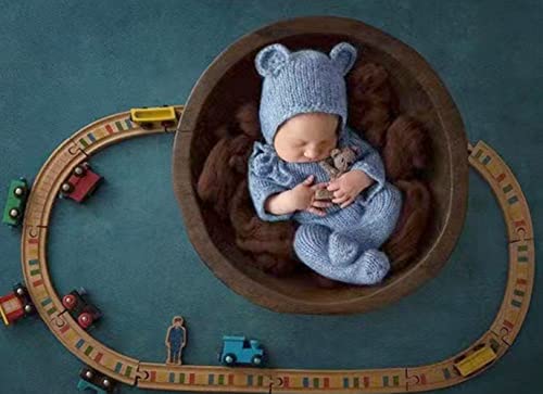 Newborn Photography Props Boys Girls Outfits Mohair Bear Hat Bonnet & Footed Romper Bodysuit Photoshoot Costume Set - color: Light Blue