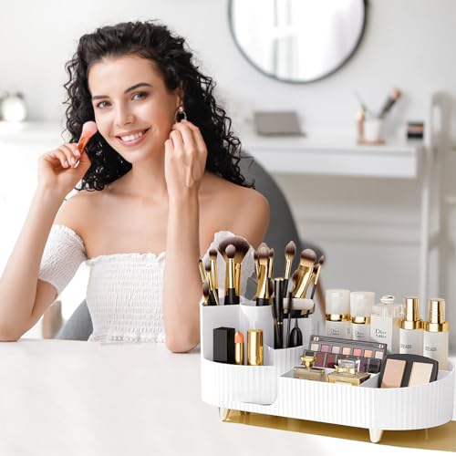 Rotating Vanity Organizer with Brush Holder, Large Spinning Makeup Skincare & Cosmetic Organizer, Countertop Perfume & Lotions Display Case (White) - color: Pure White
