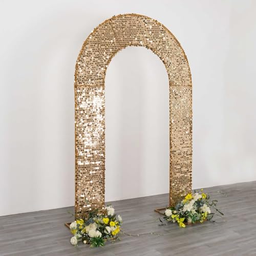 8 feet Gold Big Payette Sequin Fitted Double-Sided U-Shaped Wedding Arch, Round Top Chiara Stand Cover, Spandex Shimmer Tinsel Open Arch Backdrop Stand Cover Wedding Party Reception Decorations