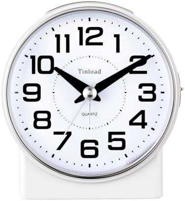 Tinload 4.3" No Ticking Analog Alarm Clock,Silent Readable for Seniors,Easy to Set,Gradual Rise Alarm,Big Numbers,On/Off Switch on Side,Gentle Wake,Snooze,Lighted on Demand,Battery Operated,White