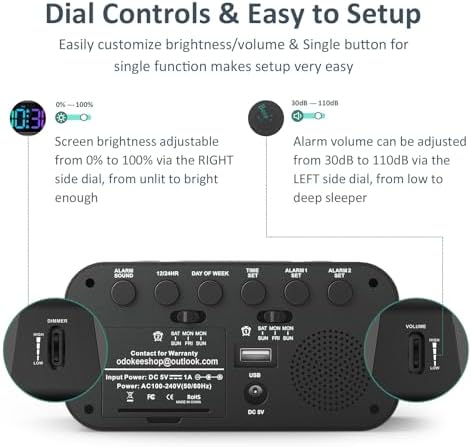 Odokee Digital Dual Alarm Clock for Bedroom with 0-100% Dimmable Display | RGB Electric Alarm Clock for Kids with Weekday/Weekend Mode - Loud Alarm for Heavy Sleepers with 5 Sounds Adjustable Volume