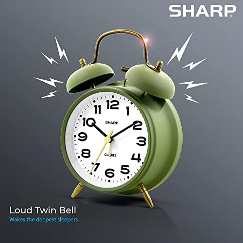 Sharp Twin Bell Alarm Clock for Heavy Sleepers, 4-Inch, Matte Sage