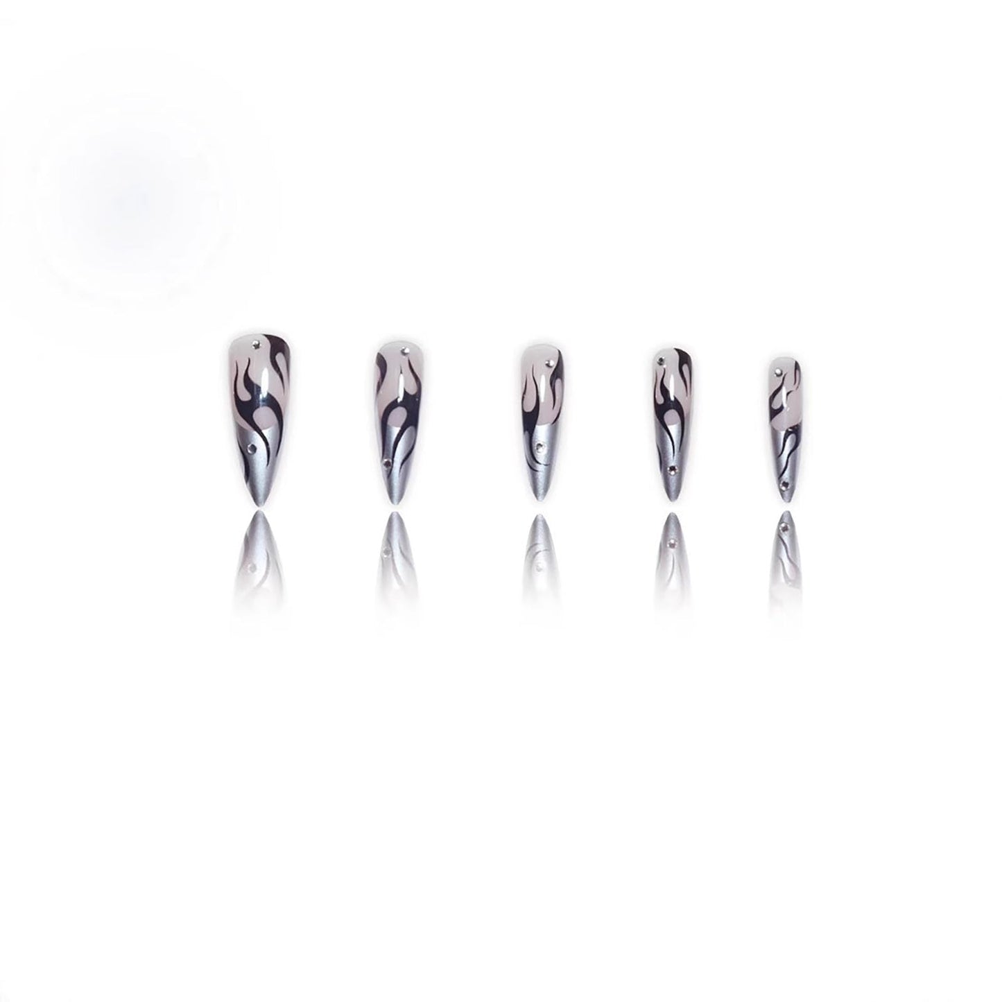RUOKEXIN Long Stiletto Press on Nails French Tip Fake Nails Silver False Nails with Designs Almond Nail Press ons Sparkly Artificial Nails for Women 24Pcs