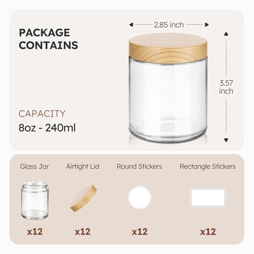 8 oz Glass Jars with Lids, 12 Pack Small Glass Jars with Plastic Woodgrain Lids, Lotion Container Empty Cosmetic Travel Containers for Sample, Cream, Lotion, Honey, Powder - color: Clear-Woodgrain Lids, size: 8 Ounces