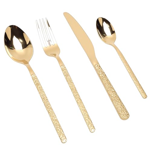 Fabater Gold Flatware Set, 24 Piece 18/10 Stainless Steel Silverware Set, Cutlery Utensil with Includes 6 Dinner Knives Forks Spoons for Restaurant Wedding Party Home Use (Stone Pattern Gold)