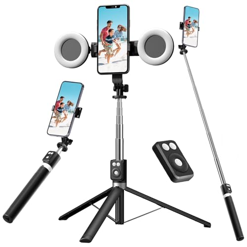 Selfie Stick Tripod with Fill Light, Phone Selfie Stick,Durable Stainless Steel Design,Bluetooth Remote Control,and Stable Three-Legged Support for Live Broadcasts,Video Shooting (Black) - color: Black