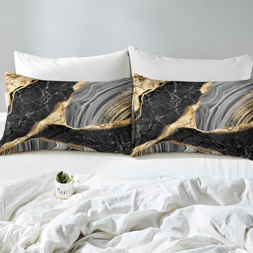 Black Marble Fitted Sheet Gold Metallic Marble Design Bedding Set Abstract Marble Texture Bed Sheet Set Modern Grey Gold Bed Cover Golden Streaks 3Pcs with 2 Pillow Case Queen Size - color: Multi Aa01, size: Queen