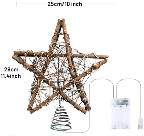 Christmas Tree Topper Star,Rattan Christmas Tree Topper with 50 LED Light,10 Inch Warm White Light Rustic Star for Christmas Tree Decoration Holiday Farmhouse Decor Battery & USB Powered