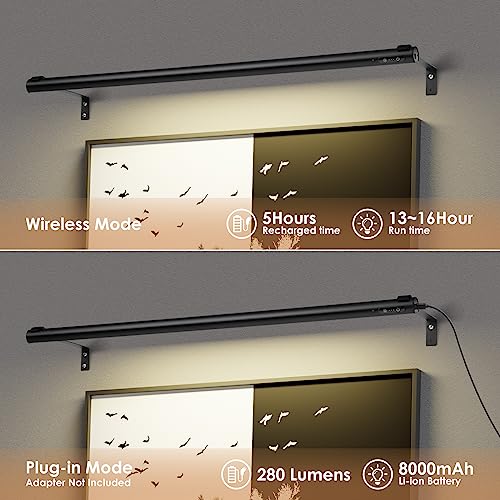 Battery Operated Wireless Picture Light，Rechargeable/Plugged in 31.5inch Painting Display Light,Remote Control Wall Lights with Three Modes and Timing for Art Frame (2 Black) - color: 2 Black