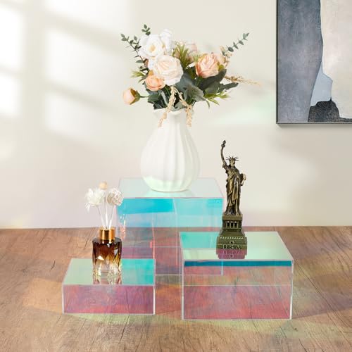 3Pcs Iridescent Risers Display Stands, Stackable Acrylic Cubes Display Box, Nesting Rainbow Showcase for Collectibles Figures Jewelry Perfume Handbag Dessert Party, Neon Food Buffet Riser - color: Iridescent-3pcs