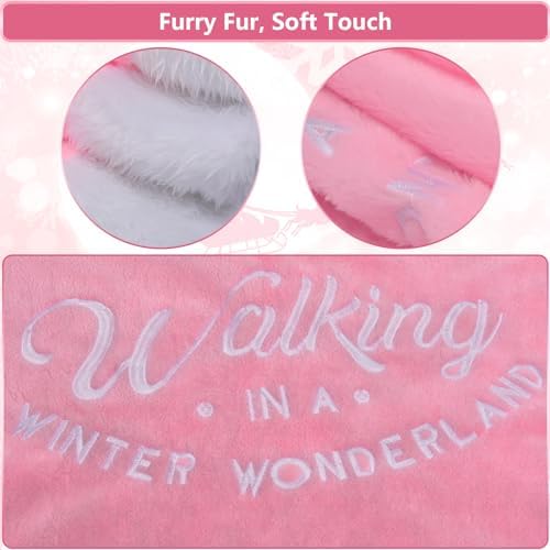 yuboo Pink Christmas Tree Skirt 48 inches, Large Faux Fur Fluffy - Furry Tree Rug Skirt with White Snowflakes Pink Christmas Decor Onaments for 7FT Christmas Tree