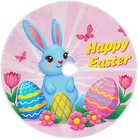 Blue Bunny Easter Eggs Christmas Tree Skirt 47.2 Inches Pink Flowers Butterflies Rabbit Xmas Tree Skirts Floor Door Mat Decorations for Holiday Party Indoor Outdoor Home Office Christmas Day Ornaments