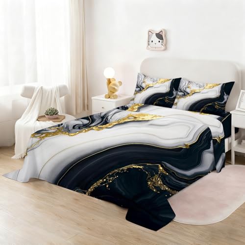 3D Marble Fitted Sheet Set Full Size for Kids Women Men Modern Marble Sheet Sets Soft Microfiber Bed Sheet Black Gold Grayish White Bedspread 1 Fitted Sheet+1 Flat Sheet+2 Pillowcases - color: 3d Marble, size: Full