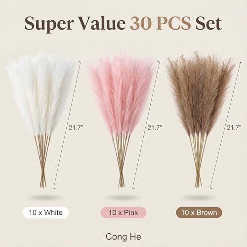 Pampas Grass Decor 30pcs 21.7 Inch, Faux Pampas Grass White Pink Brown Artificial Dried Flowers Fluffy No Shedding for Boho Wedding Home Bedroom Vase Filler - size: White Pink Brown