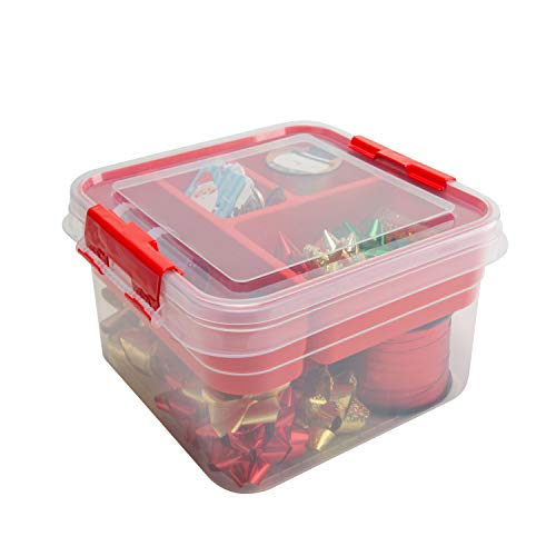 Simplify 5 Compartment Gift Supply Storage Box | 2 Tier Box | Red | Clear Top Lid | Dimensions: 9.5"x 9.5"x 4.5" | Snap Handle| Storage | Wrapping Accessories