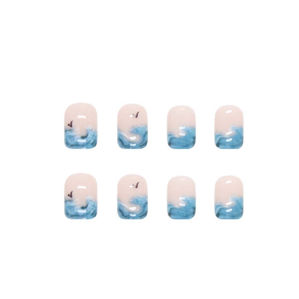 Foccna Glossy French Tip Press on False Nails-Tips Short Square Fake Fingers Nails Ocean Desig False Nails with Jelly Sticker 24PCS