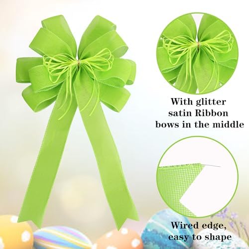 2 Pack Green Christmas Tree Bows 12x20inch Large Burlap Wreath Bow with Glitter String for Grinch Halloween Christmas Tree Topper Home Front Door Decor,Easter Bow,St. Patrick's Day Bow