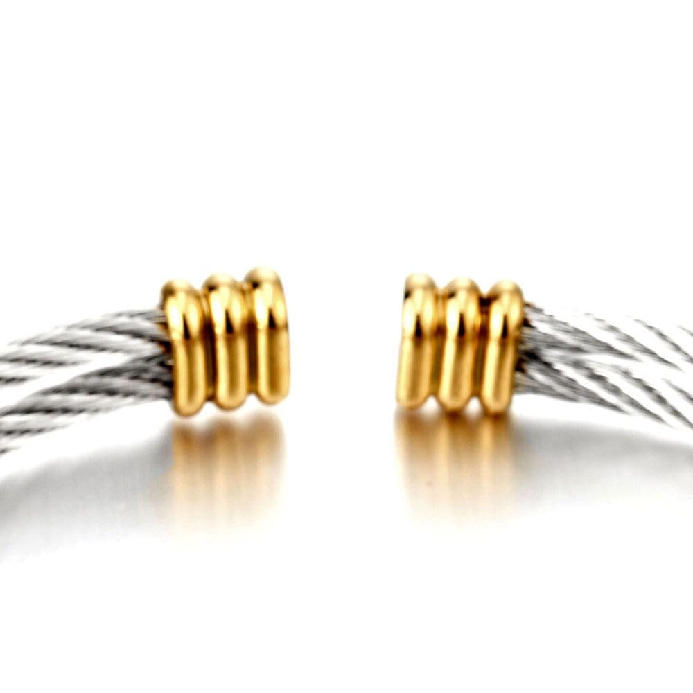 COOLSTEELANDBEYOND Two-Tone Twisted Cable Cuff Bracelet for Men Women, 316L Stainless Steel Silver Gold Bangle, Adjustable 7"–8.7" Wrist, Hypoallergenic, Comes in Gift Box