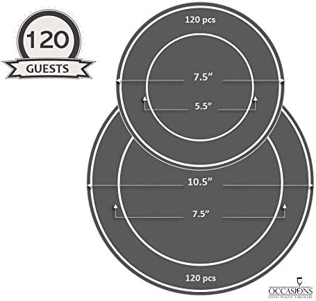 " OCCASIONS " 240 Plates Pack,(120 Guests) Heavyweight Premium Disposable Plastic Plates Set -120 x 10.5'' Dinner + 120 x 7.5'' Salad/Dessert (Ritz Blue and Gold)