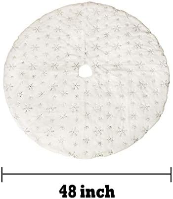 AOGU 48 Inch Sequin Faux Fur Christmas Tree Skirt Decoration for Merry Christmas Party White Plush Silver Sequin Snowflake Xmas Christmas Tree Skirt Decorations