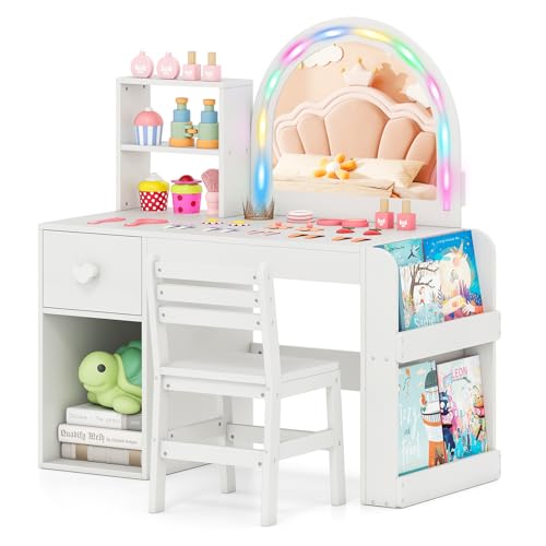Costzon Kids Vanity, Girls Vanity Set with Lighted Mirror, Bookshelf, Drawer, Storage Cabinet & Shelves, Toddler Makeup Vanity Desk Dressing Table, Wooden Kids Vanity Table and Chair Set (White) - style: White with Bookshelf