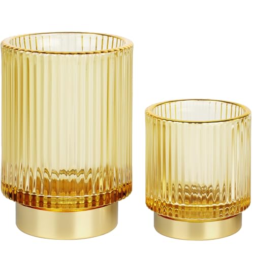 Makeup Brush holder Organizer, Crystal Glass Toothbrush Holders, Striped Make Up Brush Holder for Vanity, Pen Holder for Desk, Vase -Gold (S+L) - color: Glod