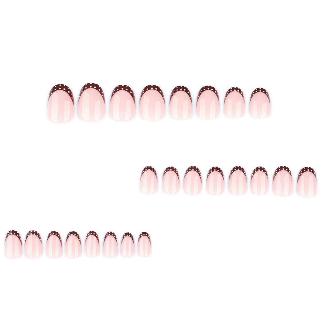 Foccna Extra Short Press on Nails Brown Almond Fake Nails Polka Dots, French Artificial Nails for Women 24pcs (French Polka Dots Nails)
