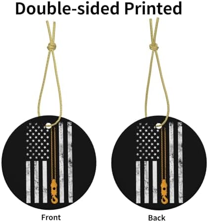 Holiday Ceramic Ornament, Lifting Hook Thin American Flag Crane Operator, Double-Sided Round Pendant, Ideal Christmas Decoration