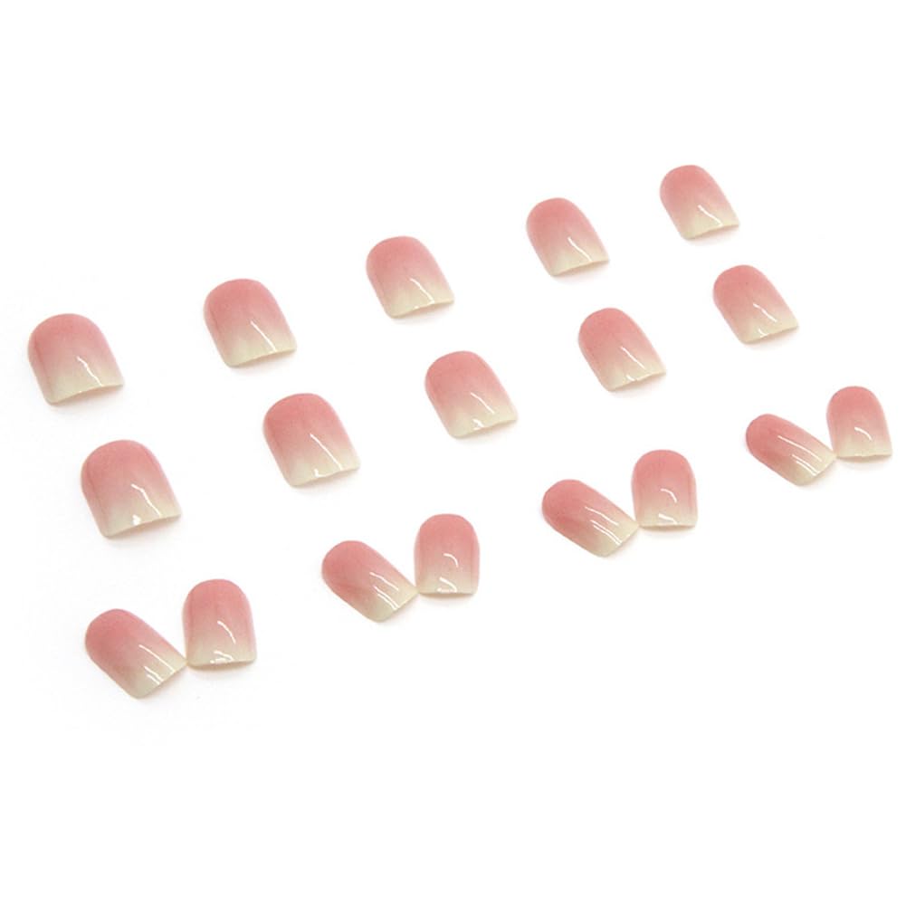 24Pcs Acrylic Press on Nails Short Square RUPOFUZA Fake False Nails with Pink Ombre Press ons Designs Nail Press on Artificial Stick on Nail for Women