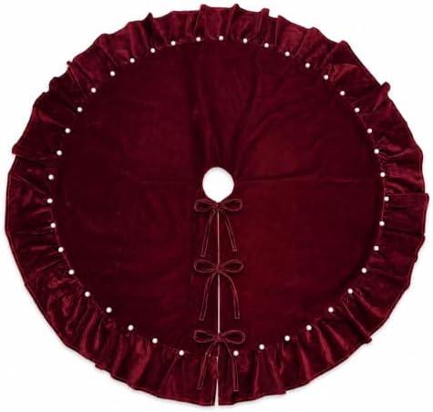 Christmas Tree Skirt,Velvet Tree Skirt with Ruffled Edge with Pearls, Classic Large Velvet Fur Plush Tree Skirt for Merry Christmas(WineRed,60Inch)