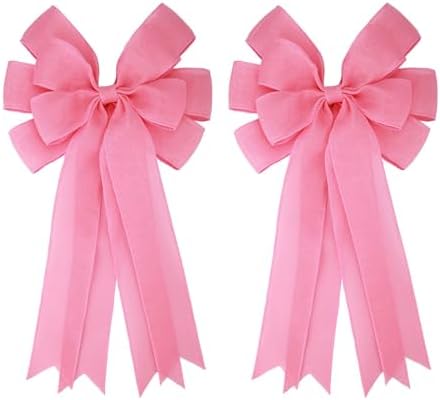 Meseey 2 Pcs 20 x 10 Inch Large Pink Burlap Bows, Wired Edge Premade Burlap Bows for Wreaths, Front Door Decor, Easter Decorations, Tree Topper, Gift Wrapping, Wedding and Baby Shower Decor