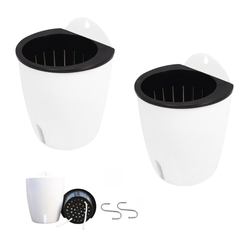 DODXIAOBEUL 2 Pack 7 Inch Visible Water Level Self Watering Planter,Hanging Planters,Wall Mounted Plants Holder,Small Flower pots Indoor Out Flowerpot with 3 Hooks Plastic Pots for Plants (White 7")