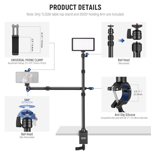 NEEWER Desk Stand with 2 Telescopic Boom Arms Phone Holder for Mic Camera Webcam Ring Light, Desktop Overhead Microphone Mount with C Clamp, Ball Heads, Screw Adapter, Cleaning Cloth, TL253A+DS001 - style: TL253A+DS001 w/Cleaning Cloth
